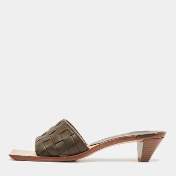 Pre Owned Bottega Veneta Dark Brown Intrecciato Leather Square Toe Slide Sandals Size 38.5