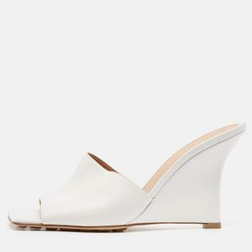 Pre Owned Bottega Veneta White Leather Stretch Wedge Sandals Size 37.5