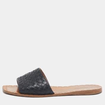 Pre Owned Bottega Veneta Black Leather Intrecciato Flat Slides Size 38