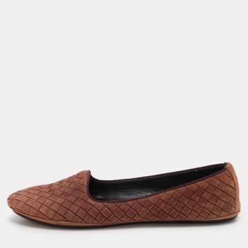 Pre Owned Bottega Veneta Brown Suede Intrecciato Flats Size 38
