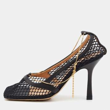 Pre Owned Bottega Veneta Black Mesh and Leather Stretch Pumps Size 36.5 