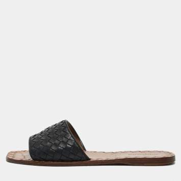 Pre Owned Bottega Veneta Black Intrecciato Leather Flat Slides Size 39