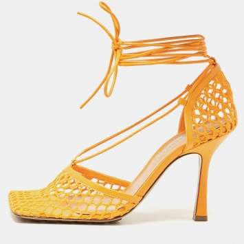 Pre Owned Bottega Veneta Orange Leather and Mesh Stretch Pumps Size 37