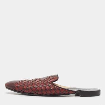 Pre Owned Bottega Veneta Burgundy Intrecciato Leather Fiandra Flat Mules Size 40.5