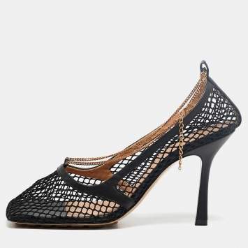 Pre Owned Bottega Veneta Black Mesh and Leather Stretch Ankle Strap Pumps Size 39