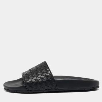 Pre Owned Bottega Veneta Black Intrecciato Leather Flat Slides Size 37