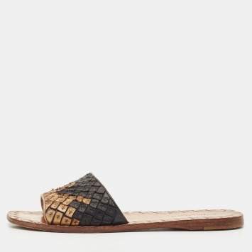 Pre Owned Bottega Veneta Gold/Black Intrecciato Leather Flat Slides Size 35.5