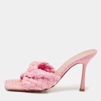 Pre Owned Bottega Veneta Pink Woven Raffia Stretch Slide Sandals Size 39