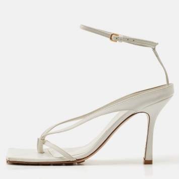 Pre Owned Bottega Veneta White Leather Stretch Ankle Strap Sandals Size 39.5