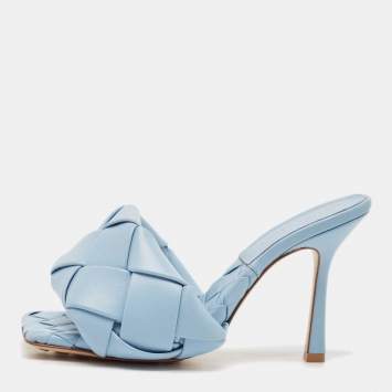 Pre Owned Bottega Veneta Blue Intrecciato Leather Lido Slide Sandals Size 36.5