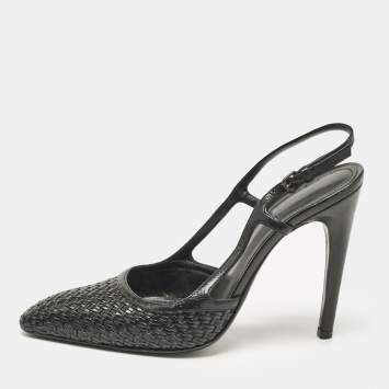 Pre Owned Bottega Veneta Black Woven Leather Slingback Sandals Size 37.5