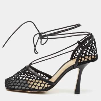 Pre Owned Bottega Veneta Black Mesh and Leather Stretch Ankle Strap Pumps Size 37