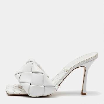 Pre Owned Bottega Veneta White Intrecciato Leather Lido Slide Sandals Size 41