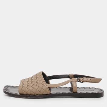 Pre Owned Bottega Veneta Beige Intrecciato Leather Calvados Slingback Flat Sandals Size 38