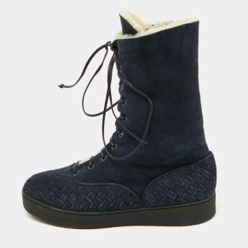 Pre Owned Bottega Veneta Navy Blue Suede Intrecciato Lace Up Snow Boots Size 37