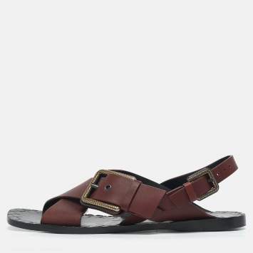 Pre Owned Bottega Veneta Burgundy Leather Criss-Cross Strap Flat Sandals Size 37