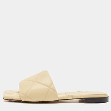 Pre Owned Bottega Veneta Beige Leather Lido Flats Slides Size 39