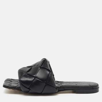 Pre Owned Bottega Veneta Black Intrecciato Leather Lido Flat Sandals Size 37