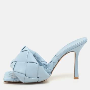 Pre Owned Bottega Veneta Blue Intrecciato Leather Lido Slide Sandals Size 40