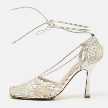 Pre Owned Bottega Veneta Silver Mesh and Leather Stretch Ankle Tie Pumps Size 37