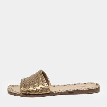 Pre Owned Bottega Veneta Metallic Bronze Intrecciato Leather Flat Slides Size 37