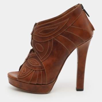 Pre Owned Bottega Veneta Brown Leather Open Toe Booties Size 36.5