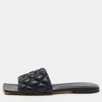 Bottega Veneta Black Quilted Leather Lido Flat Slide Sandals Size 36
