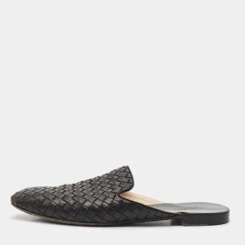 Pre Owned Bottega Veneta Black Intrecciato Leather Espresso Fiandra Mules Size 40.5