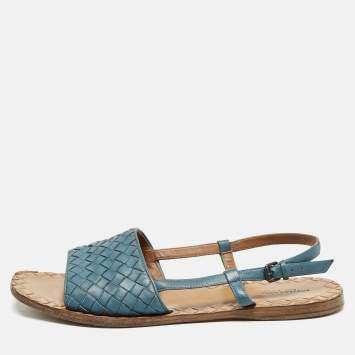 Pre Owned Bottega Veneta Blue Intrecciato Leather Slingback Open Toe Flat Sandals Size 39.5