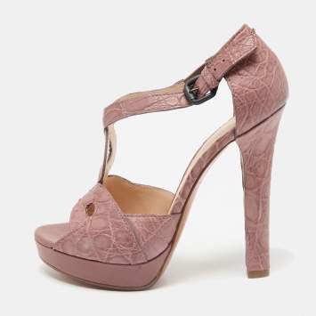 Pre Owned Bottega Veneta Taupe Brown Crocodile Leather Platform Sandals Size 39