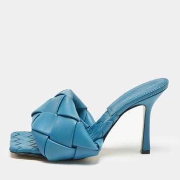 Bottega Veneta Blue Intrecciato Leather Lido Slide Sandals Size 37