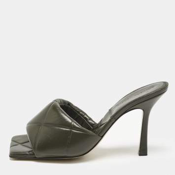 Bottega Veneta Olive Green Leather Lido Slide Sandals Size 38