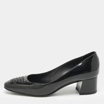 Pre Owned Bottega Veneta Black Intrecciato Patent Leather Block Heel Pumps Size 36.5