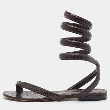 Bottega Veneta Dark Brown Python Embossed Leather BV Spiral Ankle Wrap Flats Size 40