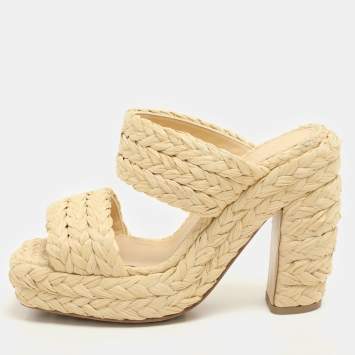 Bottega Veneta Beige Raffia Platform Slide Sandals Size 38