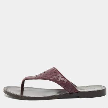 Bottega Veneta Dark Purple Intrecciato Leather Flat Thong Sandals Size 40