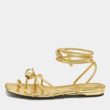 Bottega Veneta Gold Leather Ankle Wrap Flat Sandals Size 41
