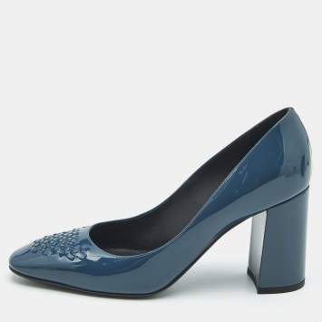 Bottega Veneta Blue Intrecciato Patent Leather Block Heel Pumps Size 36.5