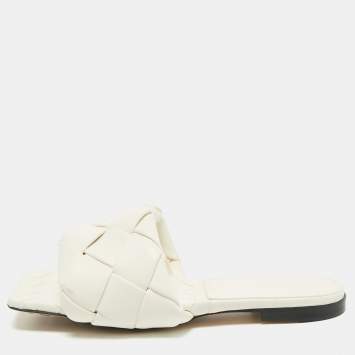 Bottega Veneta White Intrecciato Leather Lido Flat Slides Size 39