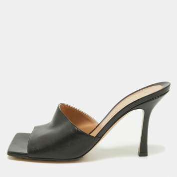 Bottega Veneta Black Leather Stretch Square Toe Slide Sandals Size 39