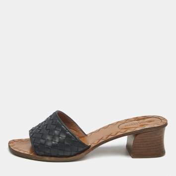 Pre Owned Bottega Veneta Black Intrecciato Leather Slide Sandals Size 37