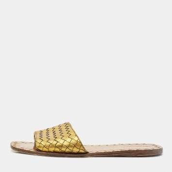 Pre Owned Bottega Veneta Gold Intrecciato Leather Flat Slides Size 41