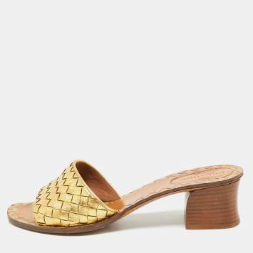 Pre Owned Bottega Veneta Gold Intrecciato Leather Ravello Slide Sandals Size 40