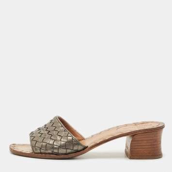 Pre Owned Bottega Veneta Metallic Intrecciato Leather Ravello Slide Sandals Size 37.5