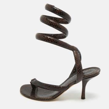 Pre Owned Bottega Veneta Brown Python Embossed Leather Ankle Wrap Sandals Size 37