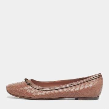 Pre Owned Bottega Veneta Beige Intrecciato Leather Intrecciato Ballet Flats Size 39.5