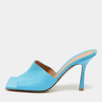 Pre Owned Bottega Veneta Blue Leather Stretch Slide Sandals Size 39