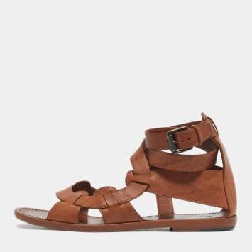 Pre Owned Bottega Veneta Brown Leather Ankle Wrap Flat Sandals Size 39
