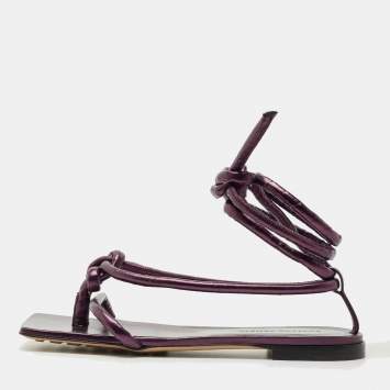 Pre Owned Bottega Veneta Metallic Purple Leather Knot Ankle Strap Flats Size 39