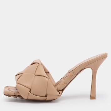 Pre Owned Bottega Veneta Beige Intrecciato Leather Lido Slides Size 37.5
